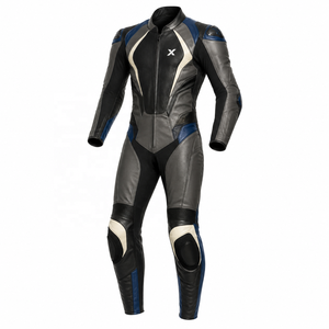 Combinaison de moto en cuir sur mesure conçue par un designer |   Noir Bleu Ivoire |   Fabricant OEM ODM |   Qualité de conception haut de gamme |   Course automobile - Product Image 1