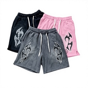 Shorts en coton rose tricoté uni avec cordon de serrage, logo frontal, style streetwear, écologique, respirant, décontracté, taille mi-haute pour homme - Product Image 3