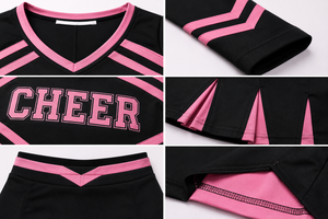 Wholesale Low Price Adults Polyester Cheerleading Uniform Set <b>Long</b> <b>Sleeve</b> <b>Crop</b> Top Mini Skirt <b>Black</b> Pink Rhinestone Heat - Product Image 3