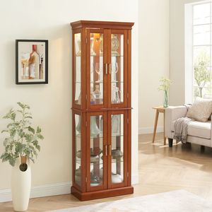 <b>Walnut</b> 6-Tier Lighted Curio Display Cabinet with Tempered Glass Doors & Adjustable Shelves <b>Mirrored</b> Back Panel - Product Image 1