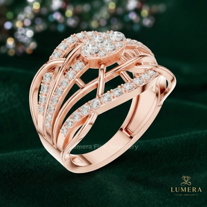 Anillo de diamantes con diseño de racimo ovalado único, con engaste central elevado, galería abierta de vástago cruzado con pavé en capas y banda ancha - Product Image 5
