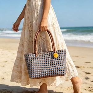 Bolso Tote de Mujer con Cuentas, Azul Marrón, Patrón Geométrico, Estilo Bohemio, Moda de Verano, Playa, con Decoración Floral - Product Image 1
