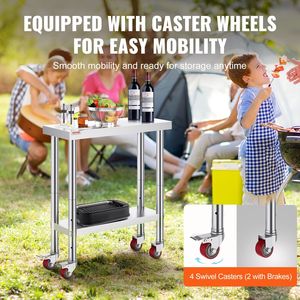 โต๊ะทำงานสแตนเลสสำหรับครัวเชิงพาณิชย์ รับน้ำหนักได้ 700 ปอนด์ ขนาด 30 x 12 x 34 นิ้ว พร้อมล้อ 4 ล้อ ปรับได้ 3 ระดับ - Product Image 4