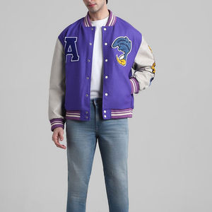 Men's Purple Varsity Jacket <b>With</b> Embroidered Letter A And <b>Dinosaur</b> Patch Drop shoulder varsity jacket Relax Fit Autumn Wear - Product Image 1