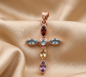 Colgante de Cruz de Plata de Ley 925 con Topacio Azul, Granate, Amatista y Citrino, Joyería Religiosa Hecha a Mano, Regalo para Mujeres y Hombres - Product Image 5