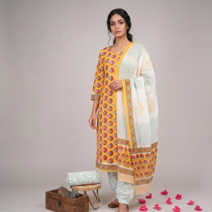 Kurti de Algodón con Estampado Floral Amarillo y Blanco, Diseño Butti Pequeño |   Ropa Étnica Femenina de Alta Calidad con Estampado a Mano |   Conjunto Elegante Hecho a Mano - Product Image 2