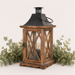 Venta al por mayor de fábrica: Farol de madera vintage con tapa metálica, portavelas decorativo para centro de mesa de boda estilo rústico, para exteriores. - Product Image 4