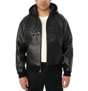 OEM ODM 100% High Quality Custom Avirex Men's Black Leather Hooded <b>Jacket</b> Embossed Logo Streetwear Zipper Front Regular Autumn - Product Image 4