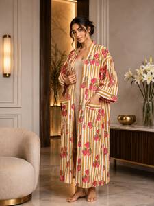 Robe longue pour femmes à rayures imprimées fraises, couleur moutarde, manches longues, col en V, douce, 100% coton, tenue décontractée d'été - Product Image 1