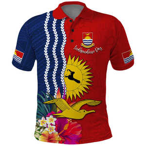 Polo à manches courtes pour homme, imprimé polynésien Kiribati, décontracté, 100% polyester tissé, coupe classique, avec logo emblème national sur le devant - Product Image 2