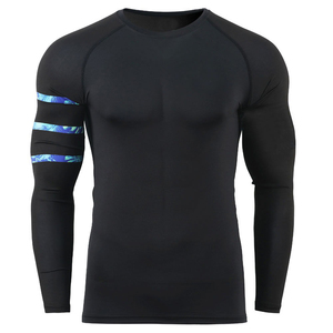 <b>Men</b> Long Sleeve Rash Guard <b>Black</b> With Blue Stripe Compression Swim Shirt Quick Dry UV Protection - Product Image 1