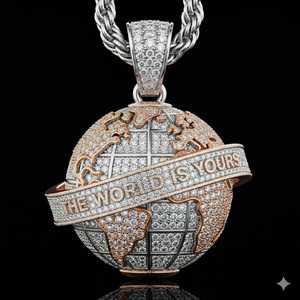Colgante de Moissanita con Diseño de Globo Terráqueo, Completamente Engastado, Micro Pavé, Chapado en Oro, Dos Tonos, Estilo Hip Hop, Regalo para Él - Product Image 2
