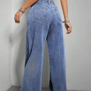 High <b>Waist</b> Wide Leg Denim Pants Stonewashed Gray Loose Fit Full Length Cotton Casual Style Button Fly - Product Image 4