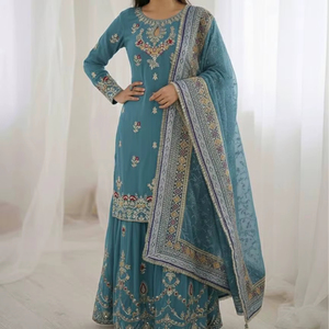 Nouvelle tenue Sharara de créateur pour les occasions spéciales, avec broderie en Faux Georgette lourde, infroissable et à séchage rapide, pour toutes les saisons - Product Image 1