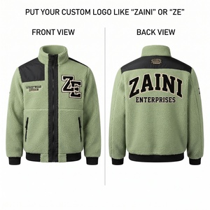 เสื้อแจ็คเก็ตวิ่งแบบยาวผ้าฟลีซโพลาร์พรีเมียม 240 กรัม เนื้อผ้าเชอร์ปาเนื้อนุ่ม สีเขียวเซจ ดำ ตัดต่อแผงด้านหน้า แต่งลายปักแบบกำหนดเอง ซิป - Product Image 1
