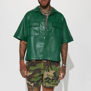 Survêtement en similicuir marron délavé de haute qualité – Streetwear Hip Hop pour hommes – Ensemble à manches courtes avec logo personnalisé - Product Image 4
