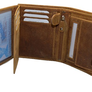 Men's Slim Vertical <b>Trifold</b> RFID Blocking Crazy Horse Full Grain Leather <b>Wallet</b> Fashion Luxury Vintage Design Open Short Coin - Product Image 3