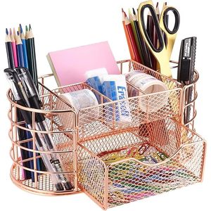 Organizador de Escritorio Metálico Color Oro Rosa, de Doble Nivel, con Malla, Diseño Minimalista - Product Image 6