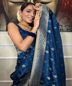 Sari de Seda Azul con Borde de Zari, Traje Tradicional Indio para Bodas, para Mujer, Largo hasta el Suelo, Corte Regular - Product Image 5