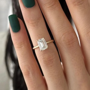 Emerald Cut Lab Grown Diamond Low Set Solitaire <b>Ring</b> IGI Certified VVS Clarity Diamond Gold 14k/18k for Women's - Product Image 1