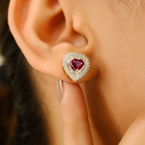 Pendientes de Oro Amarillo de 14K con Rubí y Diamante en Forma de Corazón de 5x5mm, Diseño de Doble Racimo, MOQ Bajo, Regalo de San Valentín, Joyería - Product Image 4