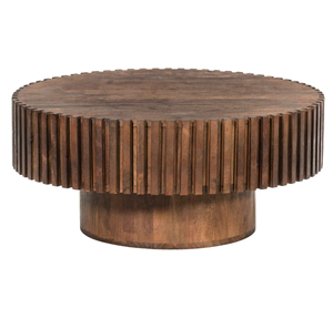 Mesa de Centro Redonda con Diseño Arquitectónico Audaz, Base con Estilo de Acanalado, Acabado Marrón Intenso, Mesa de Centro de Madera de Mango Sólida - Product Image 1
