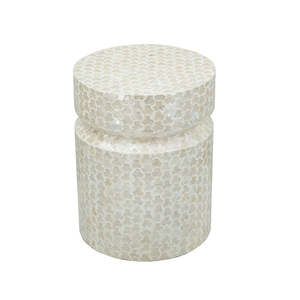Delicate White Mother Of Pearl Drum <b>Table</b> Capiz Shell Mosaic Accent Stool MOP Round <b>End</b> <b>Table</b> Coastal For Living Room Bedroom - Product Image 2