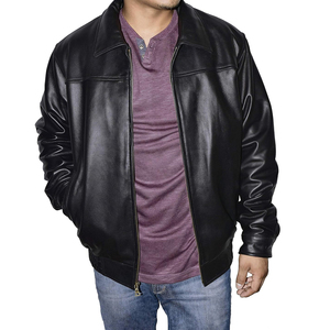 Blouson bomber imperméable en cuir d'agneau noir pour homme, grande taille, fermeture éclair, col montant, vêtement d'hiver décontracté, fourrure d'agneau - Product Image 5