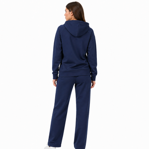 Ensemble de survêtement deux pièces bleu marine pour femme, veste zippée et pantalon droit, tenue d'entraînement mi-lourde, fournisseur de vêtements personnalisés avec logo OEM - Product Image 2