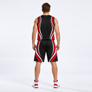 Ensemble de maillots de basket sublimés pour hommes, rouge et noir, col en V, sans manches, respirant, coupe athlétique, toutes saisons, 100 % polyester - Product Image 2