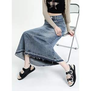Women's High-Waisted A-Line Maxi Denim <b>Skirt</b> with Button Decoration Frayed Raw Hem Washed Technique Casual <b>Y2K</b> Style for Summer - Product Image 5