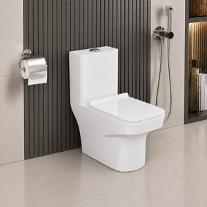 WC monobloc blanc en céramique sans bride, à double chasse, à poser au sol, à siphon en S, avec abattant à fermeture douce, moderne, pour hôtel/villa - Product Image 2