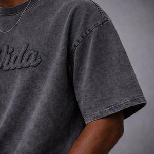 Camiseta de algodón de punto estampada de alta calidad para hombre, cuello redondo, holgada, con apliques bordados, lavada, estilo boxy, desgastada, tallas grandes - Product Image 4