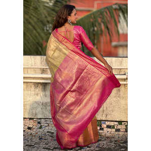 Sari Leheriya en soie Kanjivaram jaune, tissu doux, tissage Zari traditionnel, vêtements indiens et pakistanais, Elite Weaves 0.6g - Product Image 3