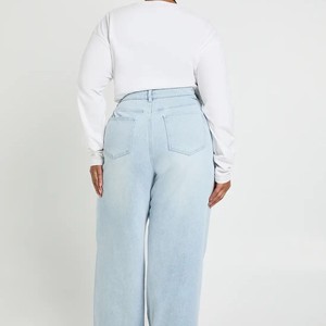 Nouveau Pantalon en Coton 2026 Taille Haute Jambe Large Jean Denim Délavé Grande Taille Femme Décontracté Longueur Entière avec Poches et Fermeture Boutonnée - Product Image 2