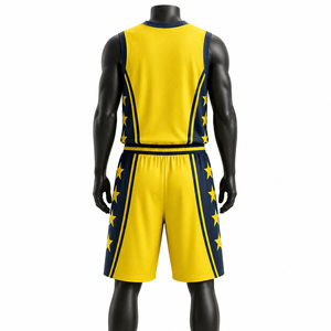 Ensemble de maillots de basket-ball respirants sublimés personnalisés, unisexe, short jaune bleu marine, col en V, uniforme sportif, motif étoiles, numéro 10 - Product Image 5