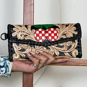 Pochette pour femme en cuir véritable artisanal, nouveau modèle élégant, porte-monnaie et porte-cartes, motif cerise, pour le shopping - Product Image 4