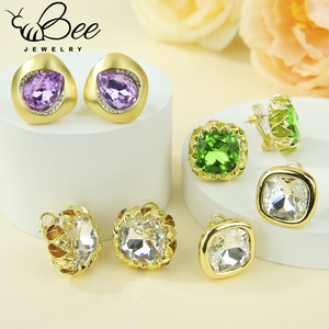 European Exquisite Crystal Statement Copper <b>Stud</b> <b>Earrings</b> 14k Gold Square Moissanite Color Stone <b>Earring</b> - Product Image 1