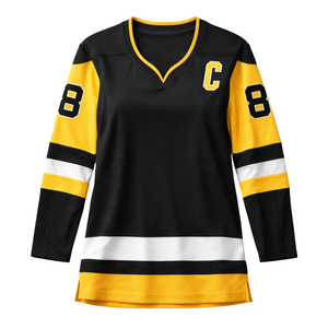 Maillot de hockey sur glace pour femmes, noir et jaune, style équipe, respirant, chemise de hockey athlétique à manches longues, uniforme de hockey de performance - Product Image 2