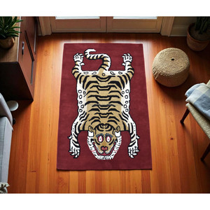 Tapis en laine de tigre tibétain sculpté à la main - Tapis rectangulaire bordeaux sur mesure à poils ras - Fournisseur en gros - Product Image 2