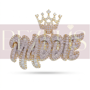 Pendentif personnalisé bicolore en or massif avec diamants de laboratoire et couronne, en or jaune et blanc 14K 18K, style baguette Hip Hop - Product Image 5