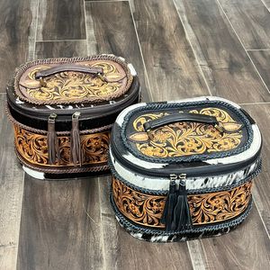 Customized Logo Portable Hand Tooled Leather <b>Makeup</b> Box Travel Cosmetic <b>Case</b> Western Style Genuine Cowhide Leather Jewelry Box - Product Image 4