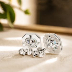 Boucles d'oreilles en argent sterling 925 avec diamant taille Asscher et halo de moissanite certifiées GIA – Bijoux de mariage classiques pour femme - Product Image 2