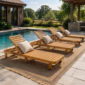 Teak Wood Sun Lounger Adjustable Poolside Chaise Lounge Outdoor Patio <b>Garden</b> Furniture - Product Image 1