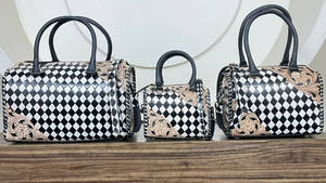 Fashionable Women Luxury Designer Hand-Tooled Leather Speedy Duffel <b>Bag</b> <b>Large</b> Capacity <b>Black</b> & White Checkered Medium Travel <b>Bag</b> - Product Image 5