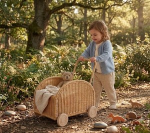 Handmade Natural Rattan Wicker Kids Push Cart <b>Toy</b> Storage <b>Trolley</b> with Wooden Wheels for Children Pretend Play and Nursery - Product Image 6
