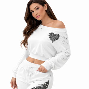 Ensemble de survêtement pour femme avec sweat-shirt court à strass et pantalon droit coupe décontractée, tenue streetwear deux pièces, fourniture OEM - Product Image 2