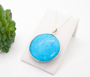 Man-Made Turquoise Pendant Necklace 925 Sterling Silver Large Round Cabochon Blue <b>Stone</b> Minimalist Jewelry - Product Image 5