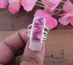 925 <b>Sterling</b> <b>Silver</b> Women's Classic Pink Copper Amethyst Bezel Setting Long Rectangle Composite Stone Multi <b>Wire</b> Split Band Ring - Product Image 1