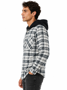 Chemise-veste en flanelle à carreaux pour homme, à capuche, manches longues, surchemise contrastante noire, fermeture boutonnée sur le devant, 6XL, polyester - Product Image 2
